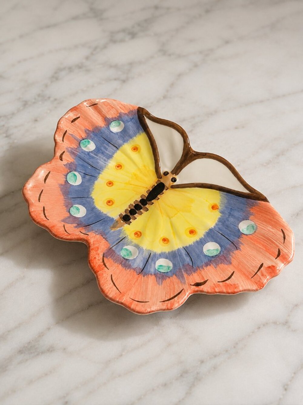 VTG World Bazaar Inc Hand Painted Ceramic Butterfly Dish Trinket Tray 17"/11"